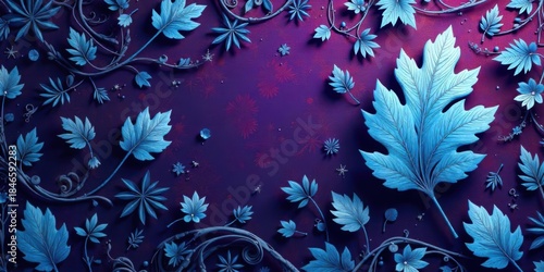 An Enchanting Tapestry of Intricate Blue Leaves and Floral Accents on a Deep Purple Background