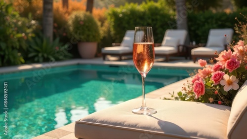 A glass of sparkling ros? rests on a sun-drenched chaise lounge beside a tranquil swimming pool, surrounded by vibrant pink flowers in a luxurious outdoor setting.