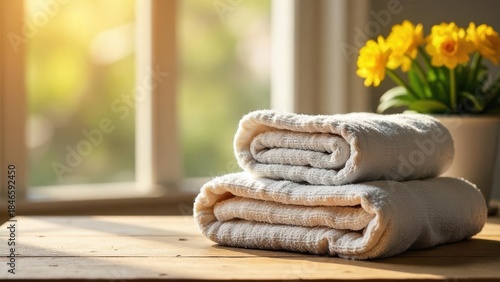 Soft, fluffy towels stacked neatly on a sunlit wooden surface near a window with yellow flowers in the background, a tranquil and relaxing scene.