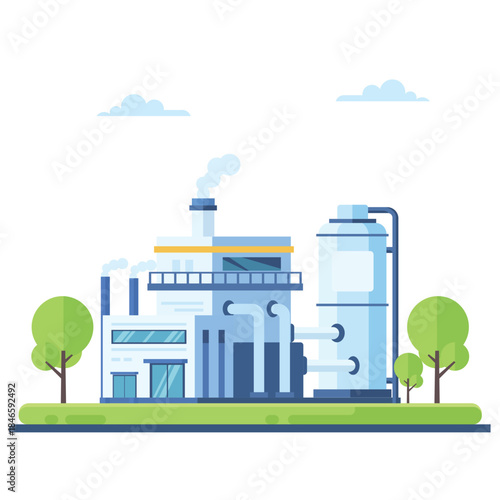 Industrial power plant illustration showing modern factory, cooling towers, pipes, and green area, concept of energy production, infrastructure, and sustainable industry