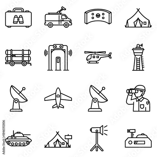 Reconnaissance & Surveillance Icon Set - Vector Illustration of Drone, Camera & Radar Outline Symbols