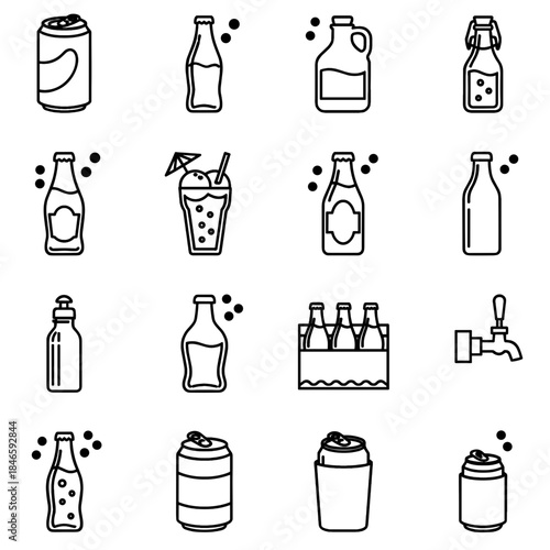 Soda & Beverage Icon Set - Vector Illustration of Can, Bottle & Carbonation Outline Symbols