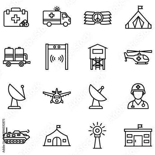 Reconnaissance & Surveillance Icon Set - Vector Illustration of Drone, Camera & Radar Outline Symbols