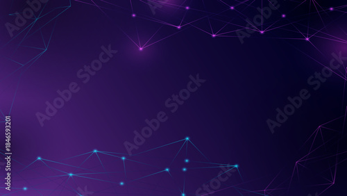 Abstract digital network background with glowing purple and blue connected dots, representing technology and data flow.