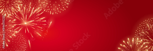 Fireworks on festive red background with golden sparkling bursts along the edges, decorative celebration design for Lunar New Year, Chinese New Year, Independence Day and party events.