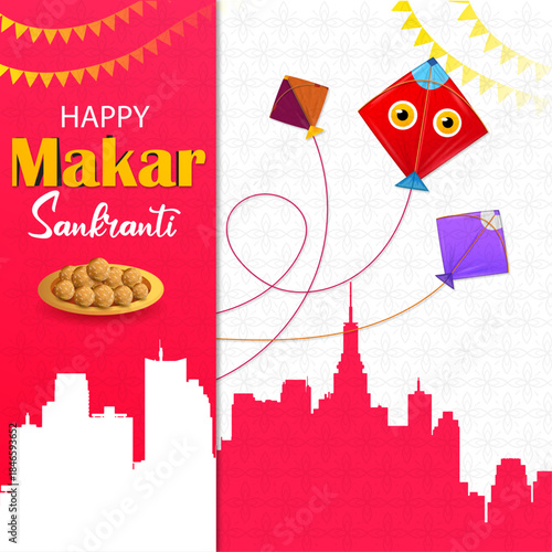 Happy Makar Sankranti Festival Greeting Background Design With flying Kites , vector illustration design.