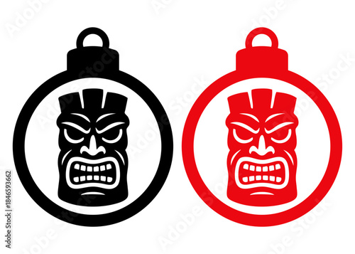 Navidad en Hawái. Logo con silueta de bola de navidad con máscara tiki para tarjetas y felicitaciones
