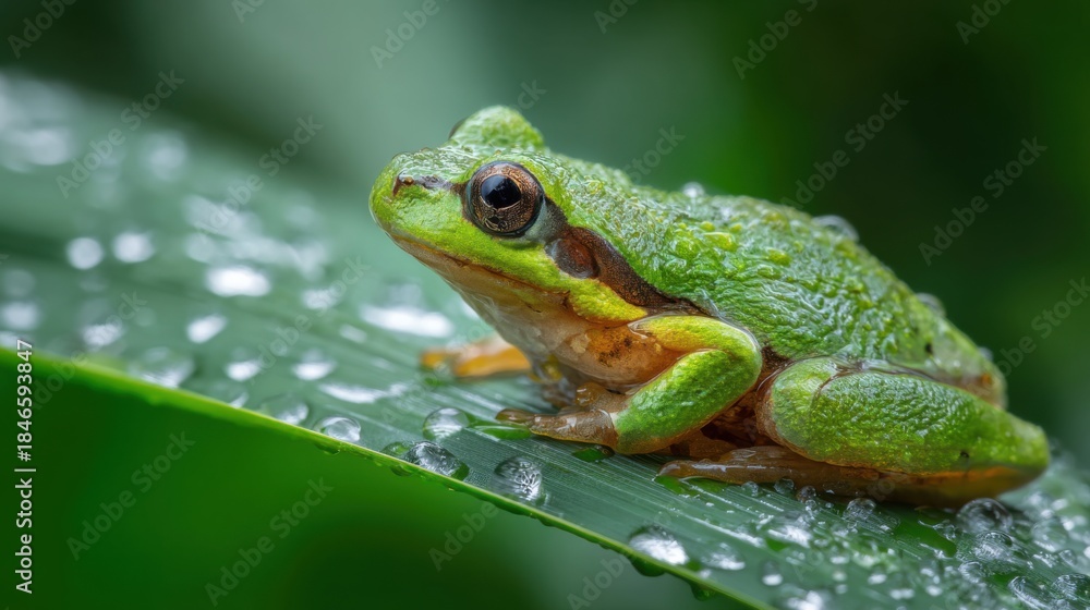 Naklejka premium Green tree frog resting on wet leaf with water droplets showcasing wildlife macro photography tropical nature and amphibian beauty on white background