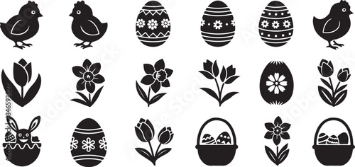 Easter icons set with eggs, chicks, flowers and baskets