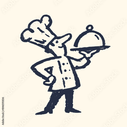 Chef with cloche minimalist doodle outline vector illustration