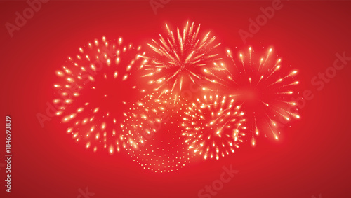 Fireworks on red background with bright golden sparkles, festive luxury backdrop for Lunar New Year, Chinese New Year, Independence Day, Victory Day and congratulations events.