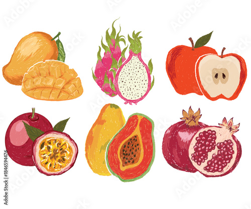 Fruit artwork for for t shirt and poster. Fresh apple, mango, dragon, papaya, passion fruit, pomegranate fruit artwork.
