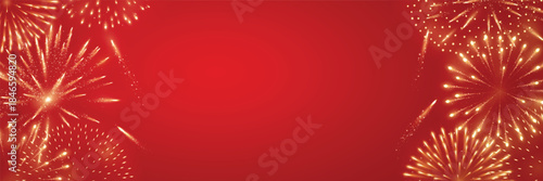Fireworks on red background with golden glowing bursts and open copy space, festive holiday backdrop suitable for Lunar New Year, Chinese New Year, Independence Day and Victory Day celebrations.
