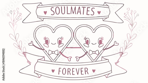 Two heart shaped cartoon characters connected by a line on a white background with soulmates forever text on ribbons