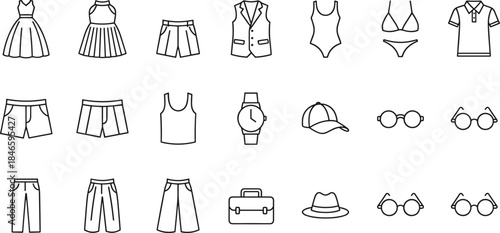 Clothing and fashion outline icon set with dress, shorts, pants, swimsuit, hat, glasses and accessories