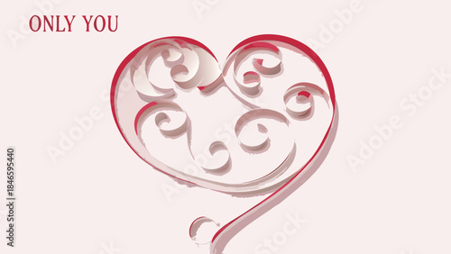 Minimal 3d paper cut heart with red contours and delicate swirls on white background for romantic designs