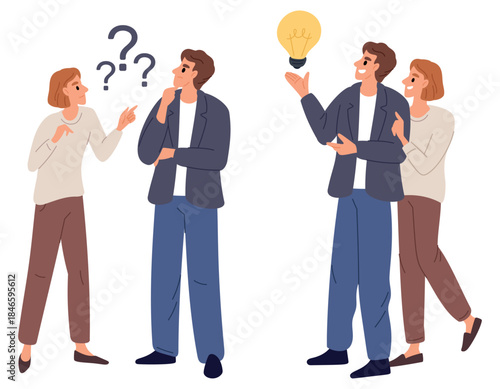 Woman and man discuss issues and find ideas for solving them. Couple brainstorming. People ask questions and thinking. Persons with solution lightbulb make decision. Vector concept