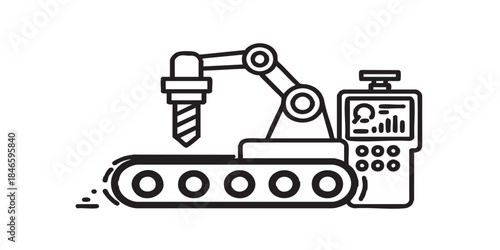 WebConveyor, robotic arm, drill, remote control monitor thin line icon, manufacturing concept, robot hand sign on white background, outline style for mobile web design. Vector graphic