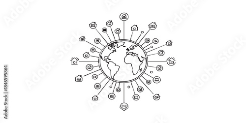 Earth planet and house network thin line icon, work from home concept, global remote job vector sign on white background, outline style icon mobile concept web design. Vector graphics