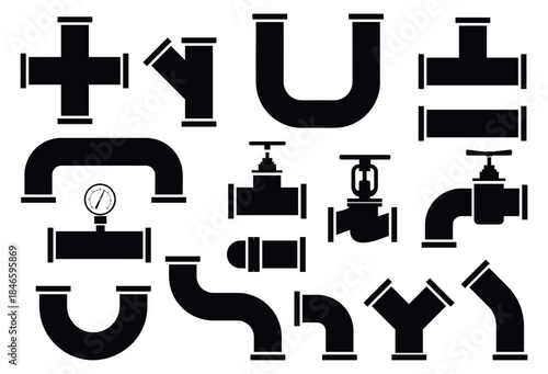 Water pipe elements. Piping supply system black silhouette. Plumbing valves and taps. Faucets and pressure gauges. Canalization junction. Tubing connection isolated parts vector set
