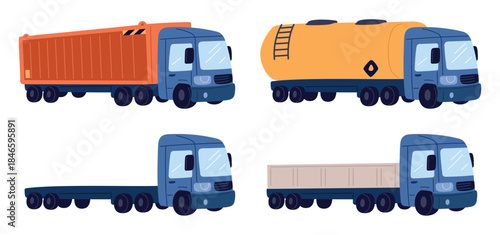 Vehicles for transporting containers. Cargo or liquid in tank shipping. Car van or cistern. Delivery transport. Machine for logistic. Freight carrier. Heavy lorry. Vector set of trucks