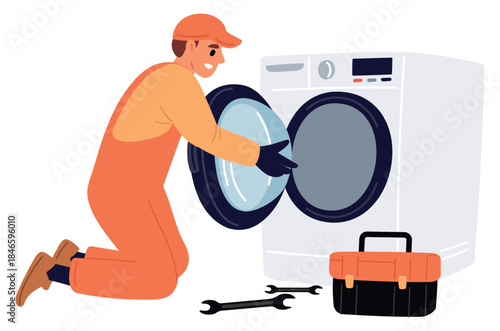 Man in uniform repairing electric washing machine. Technicians fix broken household appliances. Equipment malfunction. Plumbing repairman with toolkit. Washer maintenance. Vector concept