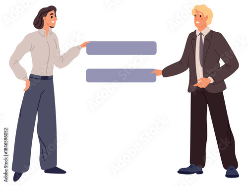 Man and woman hold halves of calculation symbol equally. Equal career opportunity. Balance of sexes comparison. Male and female rights. Business leadership. Vector concept of gender