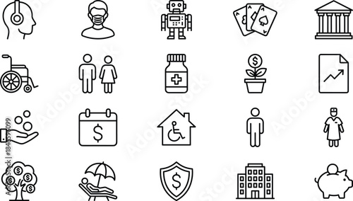 Social services and finance outline icon set including healthcare, disability, insurance, banking, savings, investment, and public support symbols