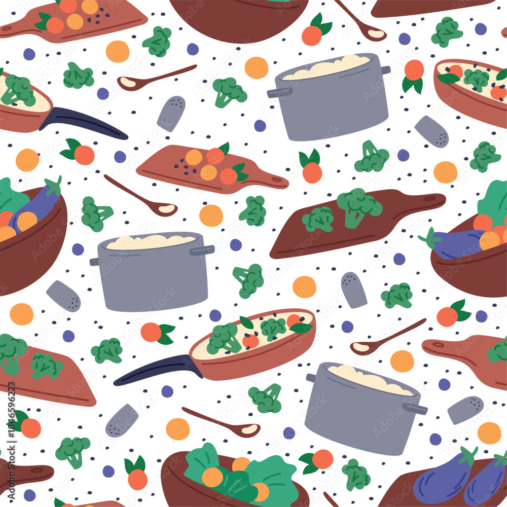 Naklejka premium Kitchenware pot. Food preparation seamless pattern. Wooden cutting board with vegetables and spices. Chopped eggplant. Pan for cooking soup. Fry broccoli and tomato. Vector background