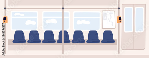 Interior of subway train. Bus or trolleybus. Railroad transportation. Comfortable public transport cabin with seats, handrails and fare payment terminals. Vector railway carriage inside