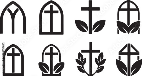 Elegant Christian cross icons with leaves and windows