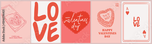 Happy Valentines or Galentines Day invitation cards in trendy whimsical hand drawn style with heart cake, love lettering and heart shape pizza. Template for ads, branding, banner, cover, label, poster