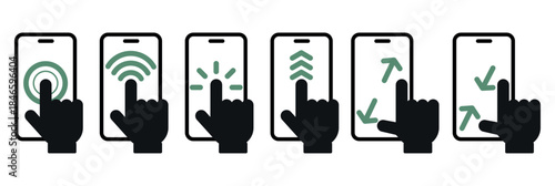 Icon hand with different movements of index finger on smartphone touchscreen. Scrolling or swiping gesture. Forefinger tapping. Display zooming. Pressing at screen. Arm motions vector set