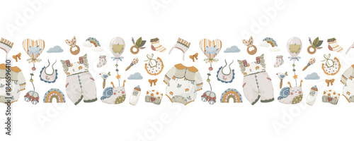 Baby and nature border set, hand-drawn vector horizontal seamless dividers with mountains, clothes, numbers, and strollers in neutral boho style for kids’ design and textile.