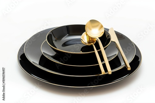 Stunning black plates elegant gold rim premium golden cutlery modern on transparent background