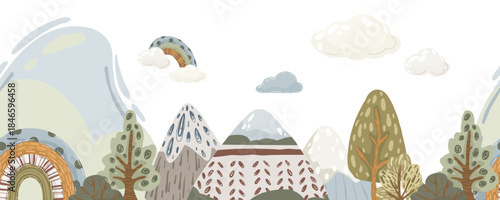 Mountain landscape seamless border, hand-drawn vector horizontal divider with trees, hills, and rainbows in neutral, muted colors for nursery wallpaper and banners.