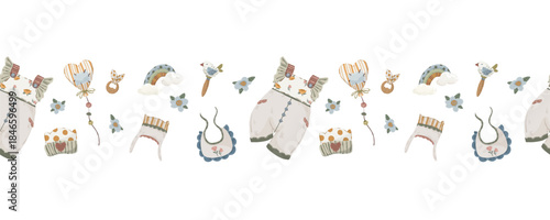 Newborn baby objects seamless border, hand-drawn vector horizontal divider with rompers, bibs, bonnets, and rainbow for baby announcement cards and banners.