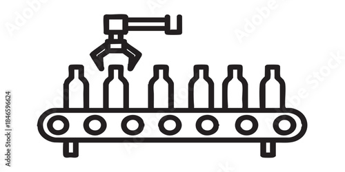 Conveyor with bottles and robotic arm claw thin line icon, manufacturing concept, factory belt bottling sign on white background, outline style for mobile web design. Vector graphics