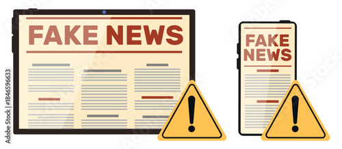 Fake news on tablet and phone screens. Misinformation propaganda. Web reportage fiction. False computer newsletter. Press falsification. Vector concept of disinformation on social media