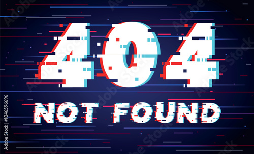 Error 404 page template with glitch effect and text Not Found. Pixel graphic texture. Webpage failure. Website maintenance. Internet disconnect. Broken network. Vector digital banner
