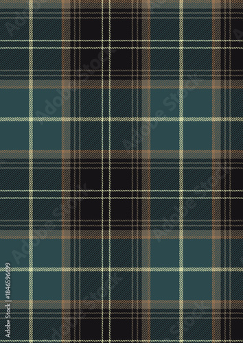 Seamless blue and green tartan plaid pattern featuring a geometric checkered fabric texture for a decorative vector cloth wallpaper or seamless tile backdrop illustration