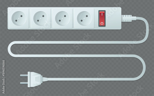 Electrical extension cord with outlets. Cord and electrical plug. Electric device for connecting various appliances to mains. Multiple power circuit. Vector realistic isolated object