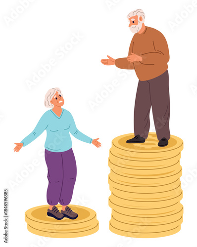 Elderly people standing on different stacks of coins. Representing different pension savings. Grandparents fund. Pensioners money accumulation unequal. Retirement wealth. Vector concept
