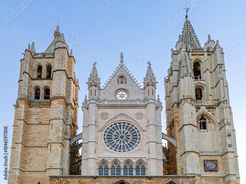 Leon, Spain - November 02, 2024: Exterior facade of the Gothic cathedral in the city of Leon, Spain