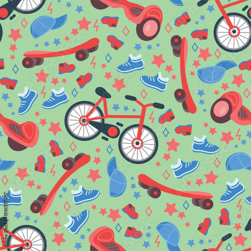 Childrens bicycle and skateboard seamless pattern. Gyro scooter. Sports sneakers and baseball cap. Repeated print. Cycle urban riding. City transportation. Park walk. Vector background