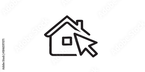 Sticker with house and mouse pointer thin line icon, work from home concept, remote job vector sign on white background, outline style icon mobile concept web design. Vector graphics.