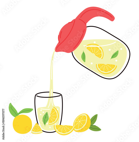 Carafe of lemonade pours liquid into glass with lemon slices and mint leaves. Vitamin drink. Refreshing cocktail jug. Citrus juice soda. Fruit ice beverage. Detox liquid vector objects