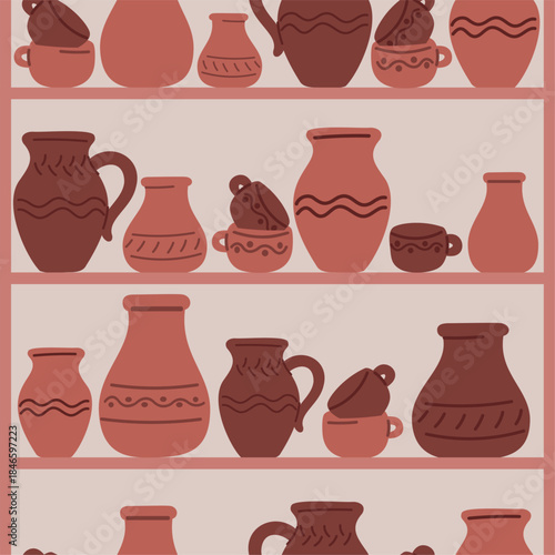 Brown clay kitchenware. Cups and jugs seamless pattern. Ceramic crockery on shelving. Ceramist workshop. Repeated print. Earthenware bowls at rack. Traditional pottery. Vector background