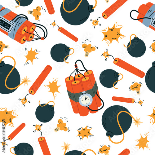 Bombs seamless pattern. Explosive devices. Warhead with time fuse detonator. Dynamite sticks. Gunpowder burst. Repeated print. Military weapon. TNT wick fire sparkles. Vector background