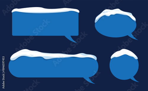 Blue speech bubble template with white snow for sale and discount designs. Winter frost. Freeze blank frame. Communication dialog. Wintertime discussion. Vector conversation clouds set